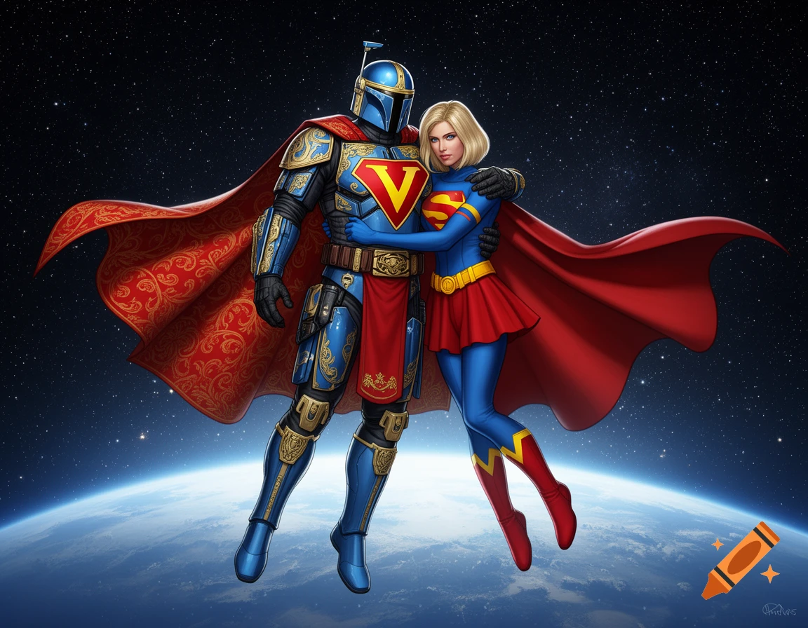 An ornate blue-and-gold armored superhero with a V emblem embraces Supergirl in a detailed illustration as they float above Earth in space.