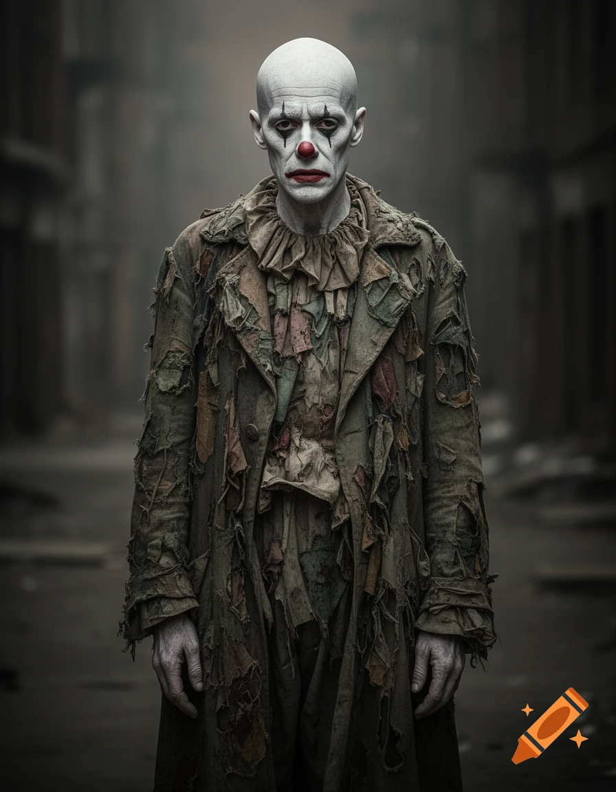 A bald, pale clown with a red nose and tattered coat stands in a dark, desolate street. Photorealistic style.