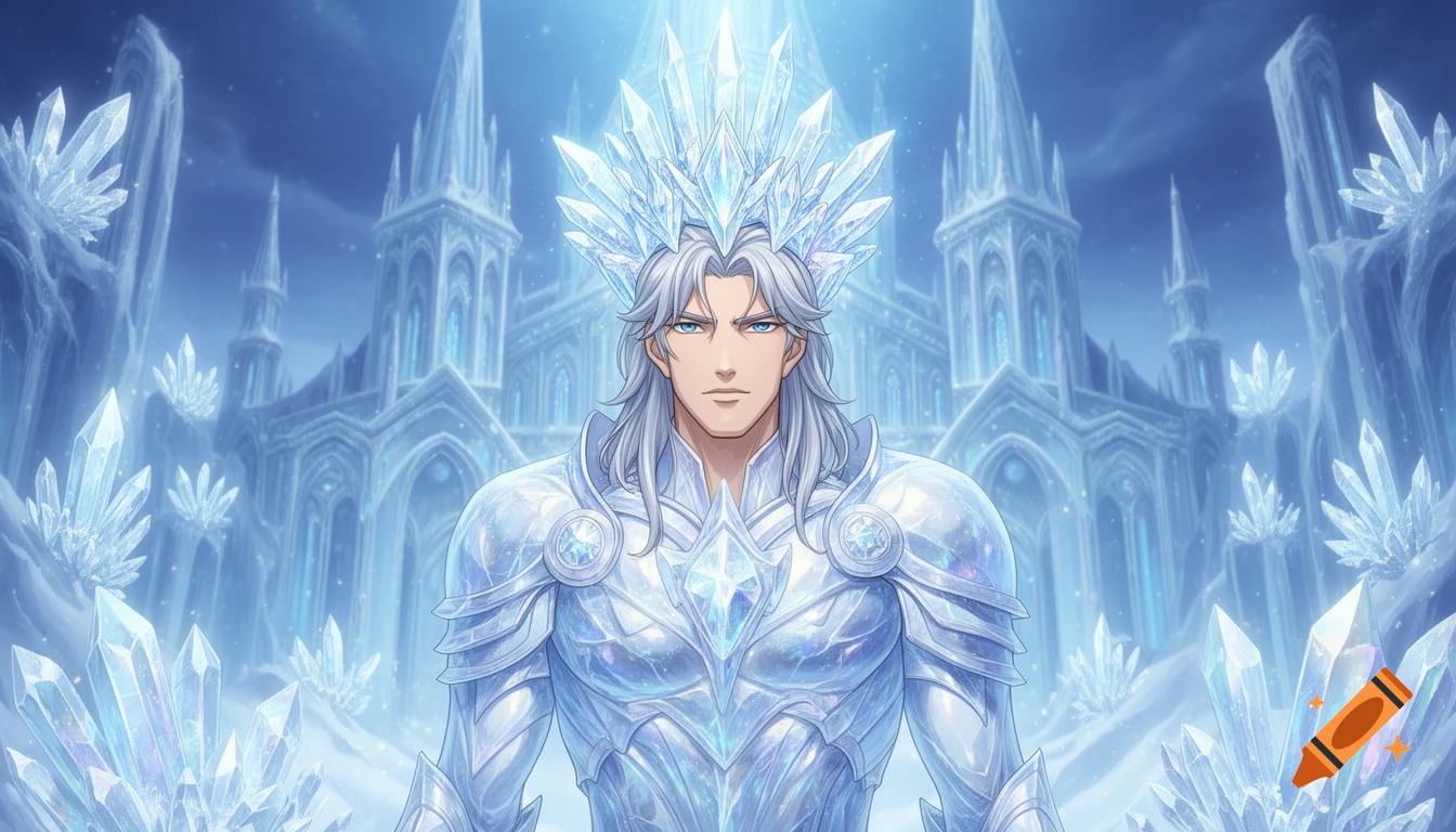 Anime-realistic ice god in crystalline armor and crown stands majestically before an ice palace with sparkling crystals.