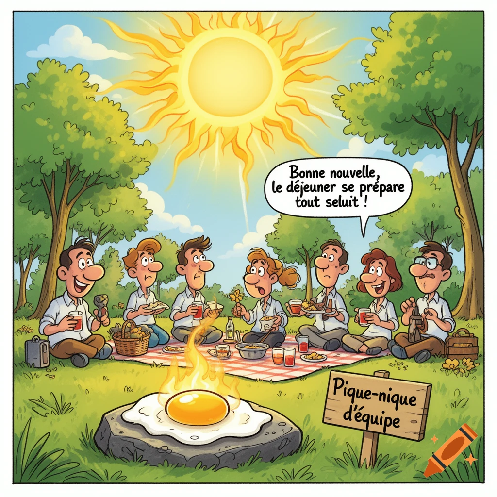 A humorous cartoon depicts colleagues having a picnic in a park under a large sun, with an egg frying on a hot rock and a speech bubble.