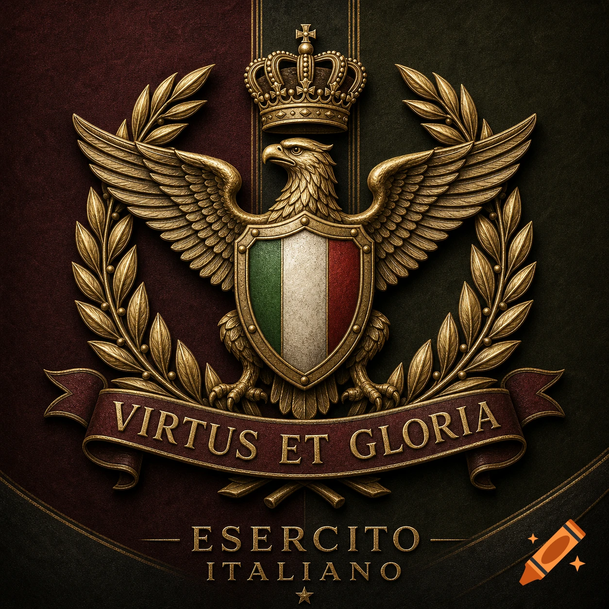 A gold Italian military emblem with an eagle, crown, shield in Italian flag colors, and a banner reading 'VIRTUS ET GLORIA'.