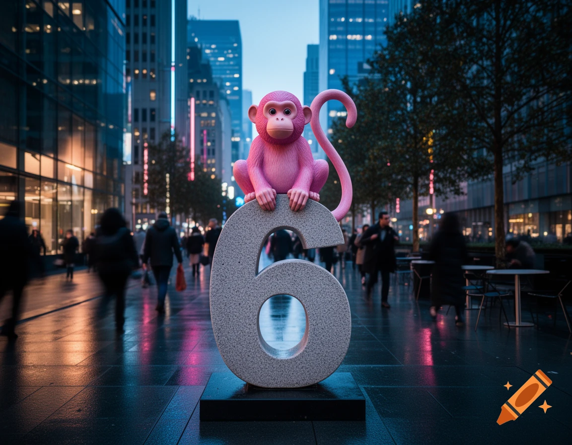 A pink monkey statue sits atop a large grey number 6 on a wet city street at dusk, with blurry pedestrians and buildings.