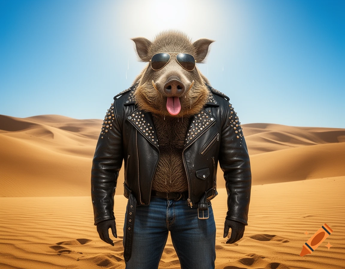 A muscular, anthropomorphic wild boar in biker gear and sunglasses, standing in a sunny desert.