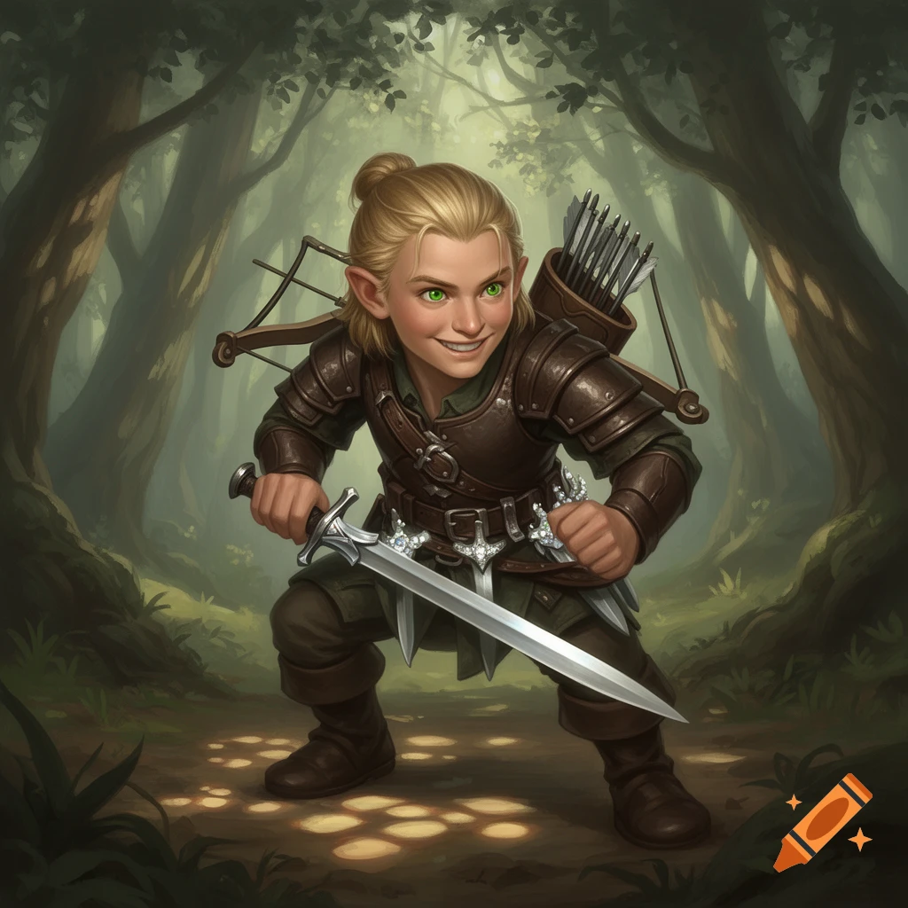 A smiling, blond-haired elf child in leather armor with a sword, daggers, crossbow, and quiver, crouching in a sunlit forest.