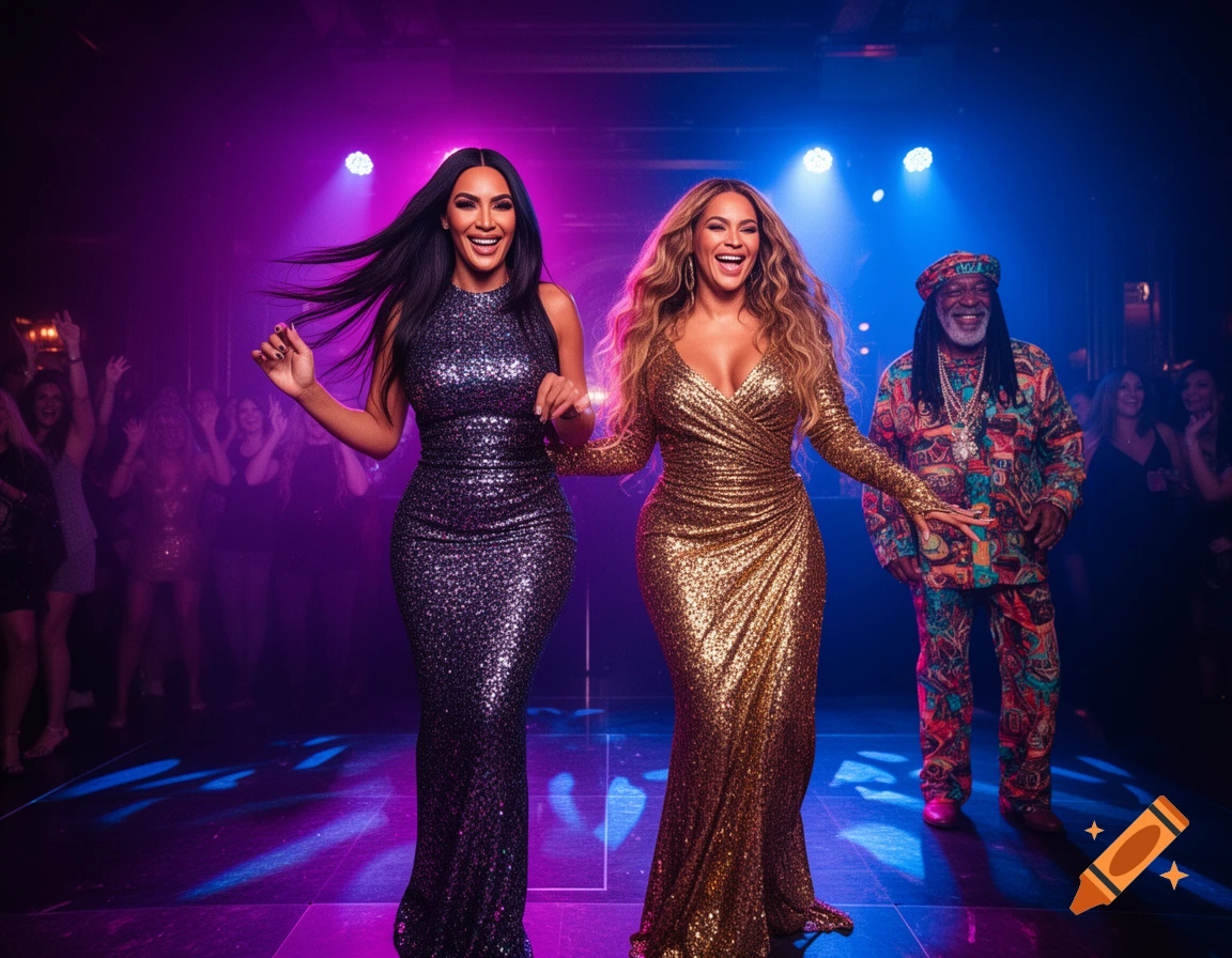 Kim Kardashian and Beyoncé, in sparkling gowns, dance with George Clinton in a purple-lit nightclub.
