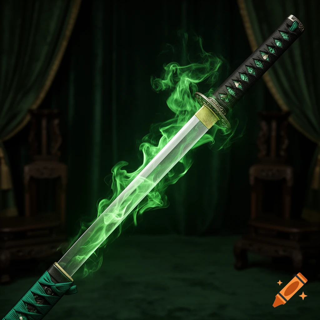 A dark green hilted katana with green wrapping, emitting bright green smoke from its blade against a dark green, opulent background.