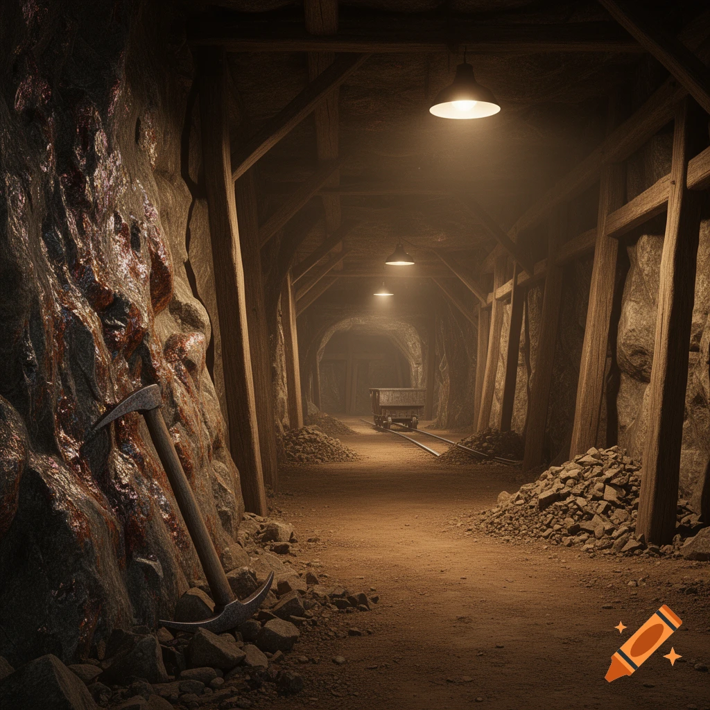 A dimly lit mine tunnel with wooden supports, a pickaxe leaning against a rocky wall, and a mine cart on tracks.