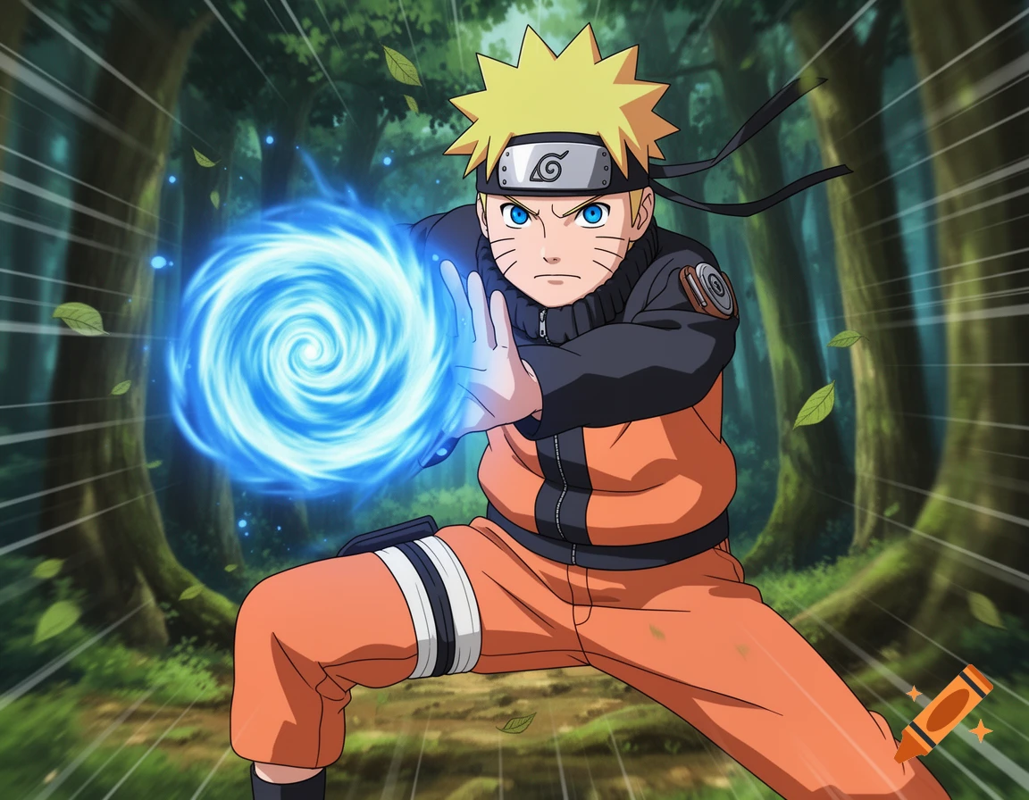 Naruto Uzumaki, in an orange and black outfit, crouches in a forest while forming a swirling blue Rasengan.