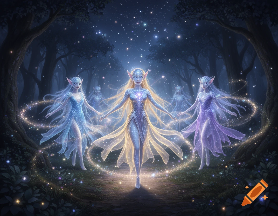 Star elves with glowing bodies and flowing garments walk through a dark, magical forest lit by sparkling light and stars.