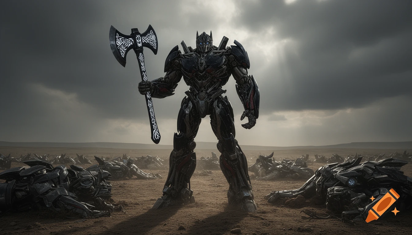 A black Transformer-like robot stands with a glowing patterned axe in a desolate battlefield filled with robot wreckage under a stormy sky.