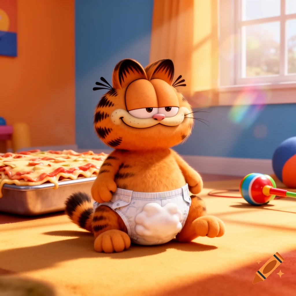 3D animated Baby Garfield in a diaper sits on an orange floor next to a pan of lasagna, a rattle, and a beach ball in a colorful room.