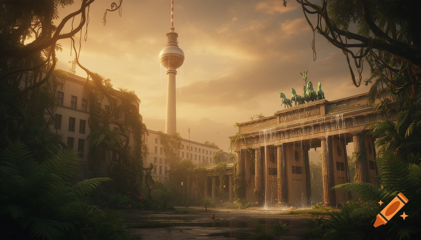 Hyper-detailed, cinematic image of Berlin's TV Tower and Brandenburg Gate, overgrown with jungle plants, 'sweating' water under a golden sky.