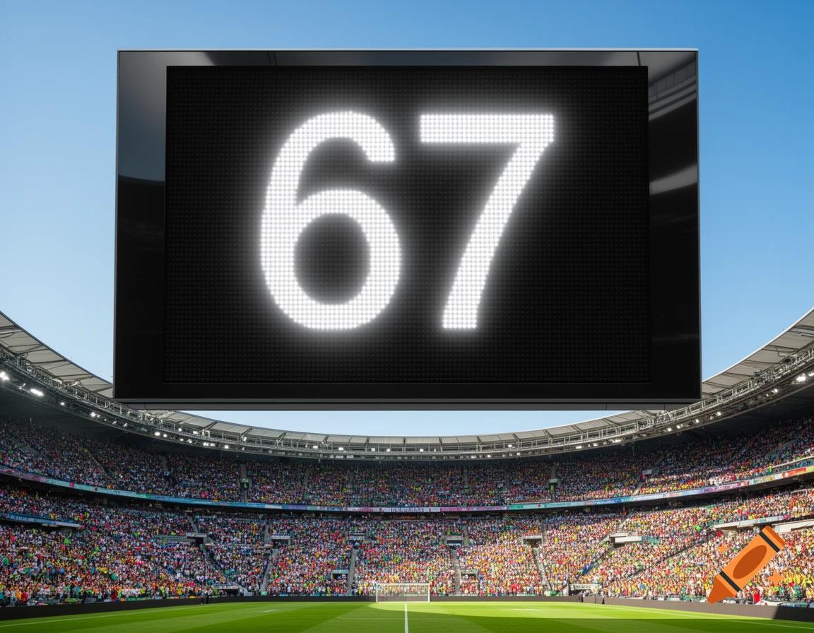 A photorealistic view of a massive LED scoreboard displaying the number 67, suspended above a packed sports stadium.