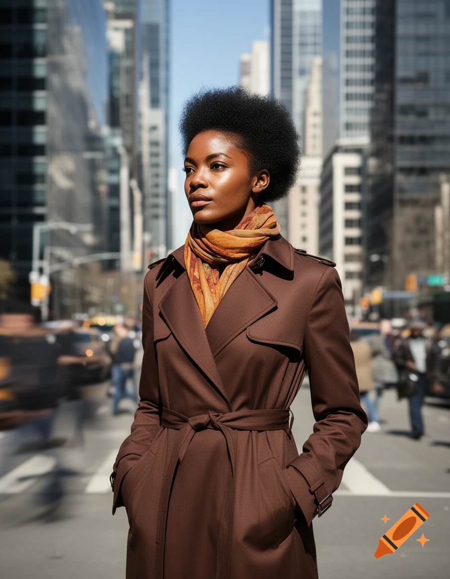 A woman with an afro, wearing a brown trench coat and an orange scarf, stands in a bustling city street.