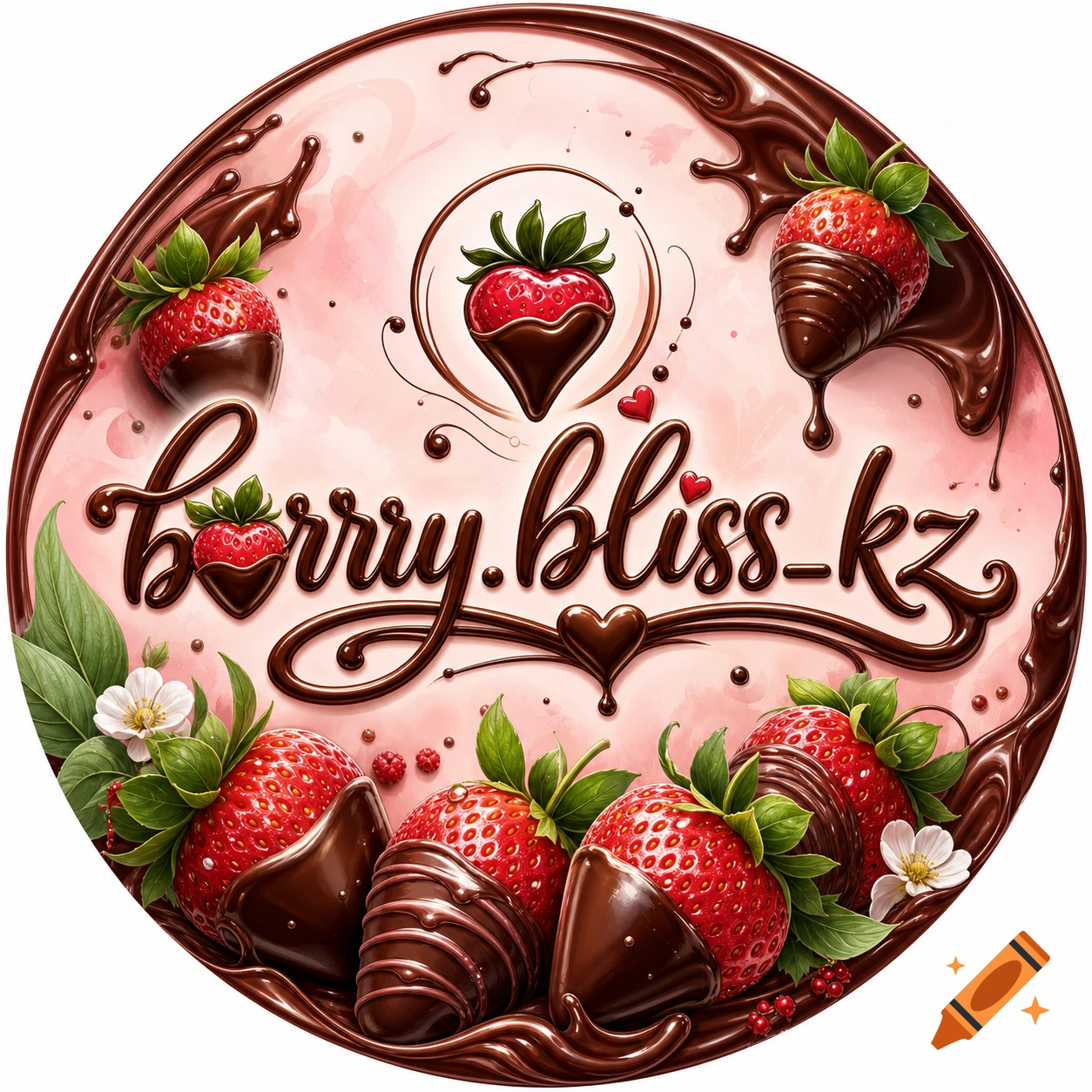 Circular logo with stylized text 'berry.bliss_kz', chocolate-dipped strawberries, and chocolate drizzles on a pink background.