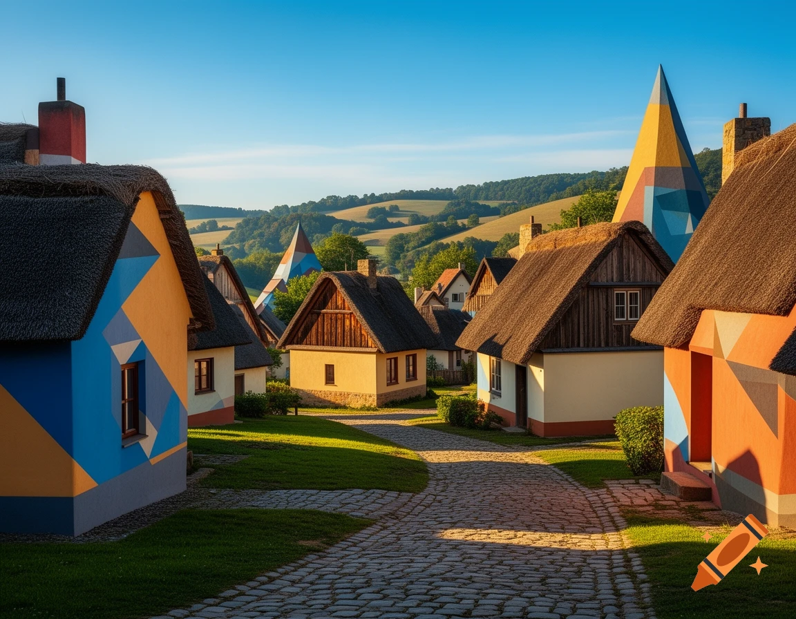 A charming village scene with houses featuring cubist geometric patterns and thatched roofs under a clear blue sky.