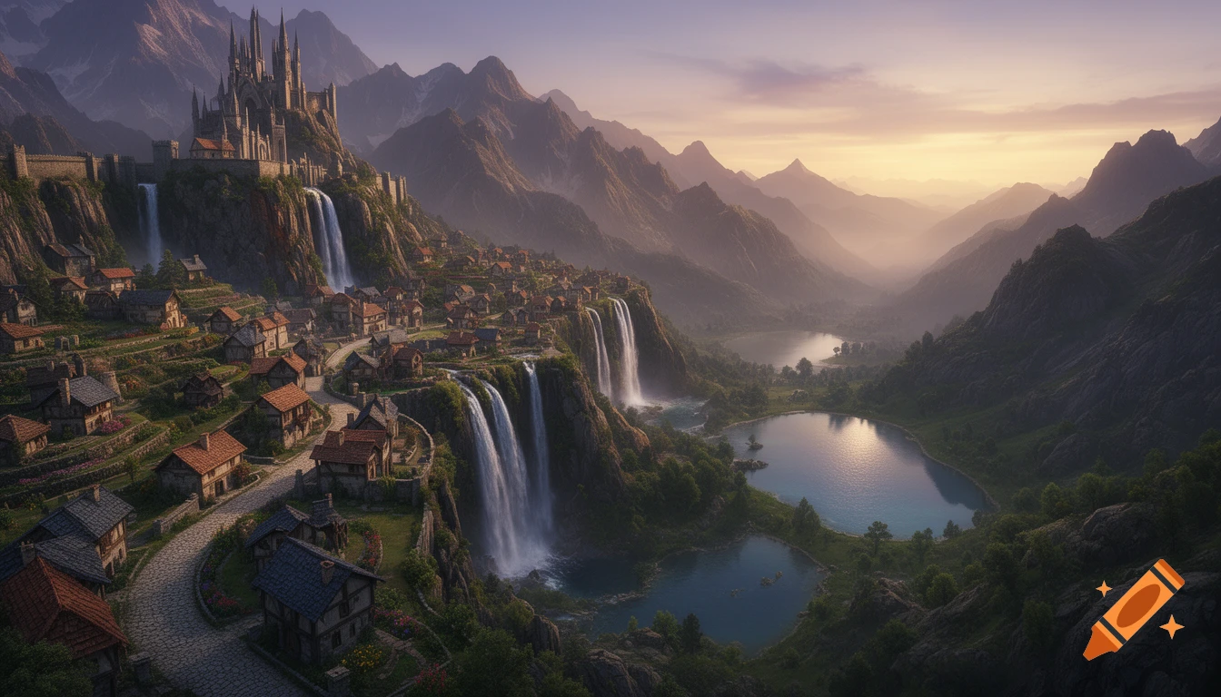 A fantasy mountain town with a grand castle, waterfalls, and terraced houses overlooking serene lakes in a vast valley at sunset.