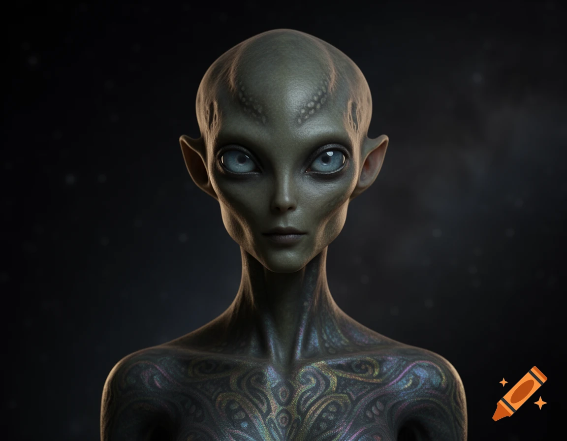 Photorealistic portrait of a grey humanoid alien with large blue eyes and textured skin featuring iridescent patterns on its chest, against a dark background.