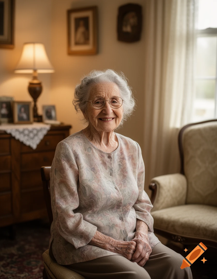 A smiling elderly woman with gray hair and glasses sits in a cozy room, looking at the viewer. Photorealistic style.