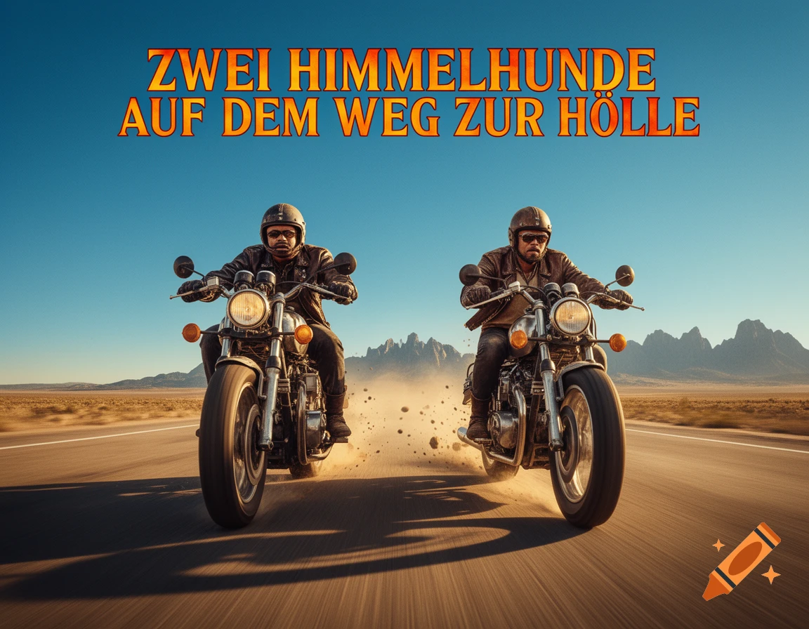Two bikers ride classic motorcycles on a dusty desert road under a clear sky, with mountains in background. Text: 'ZWEI HIMMELHUNDE AUF DEM WEG ZUR HÖLLE'.