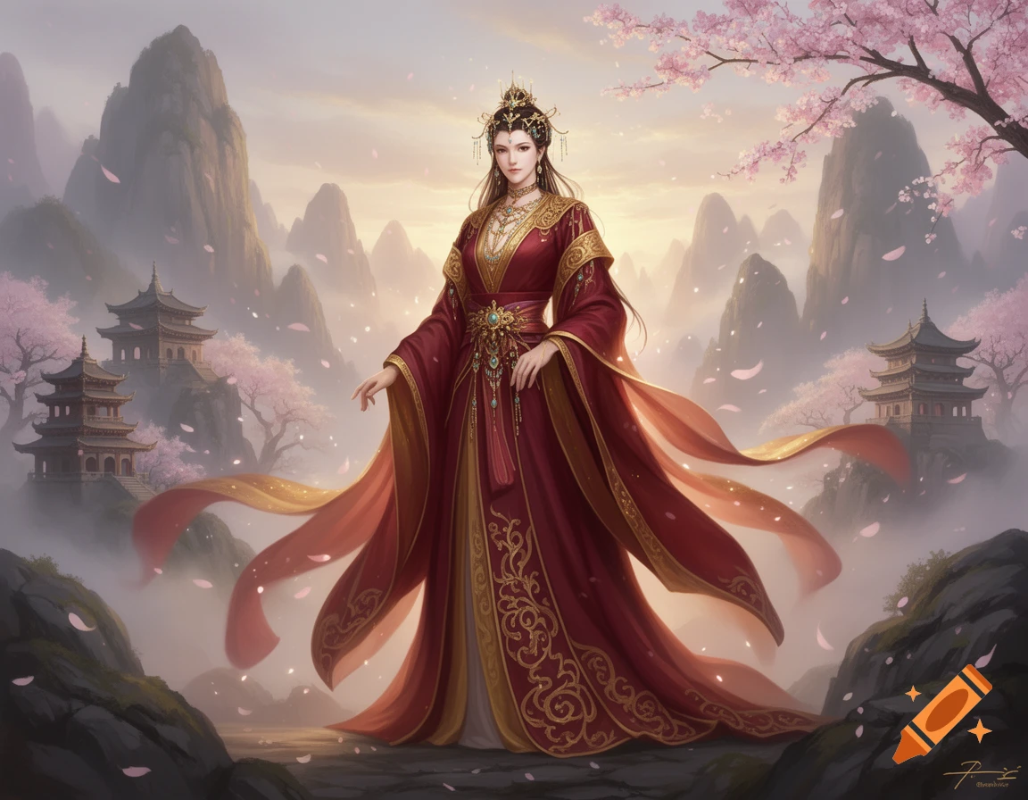 A woman in a red and gold embroidered Chinese fantasy gown with an elaborate crown, standing in a misty mountain landscape with cherry blossoms and pagodas.