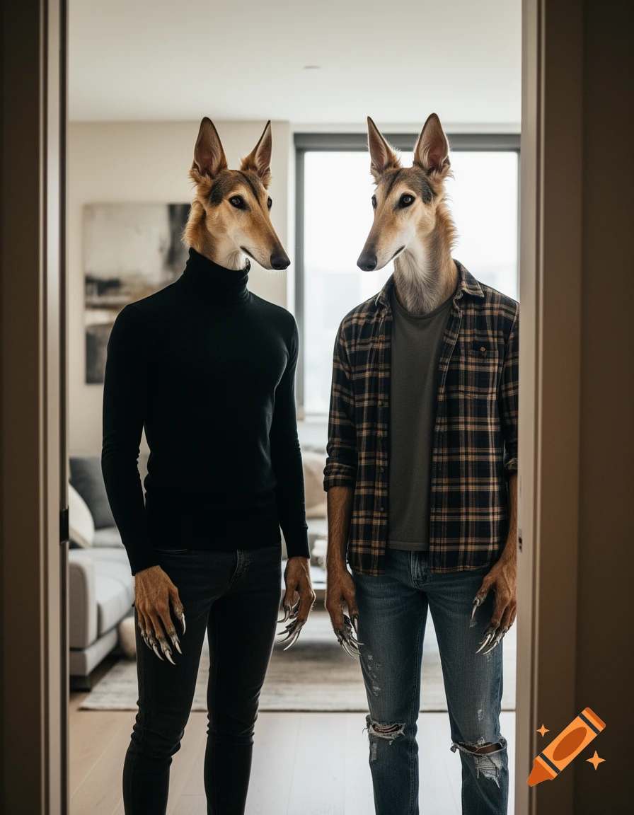 Two photorealistic anthropomorphic figures with Borzoi dog heads and clawed hands in modern clothes stand in an apartment doorway.