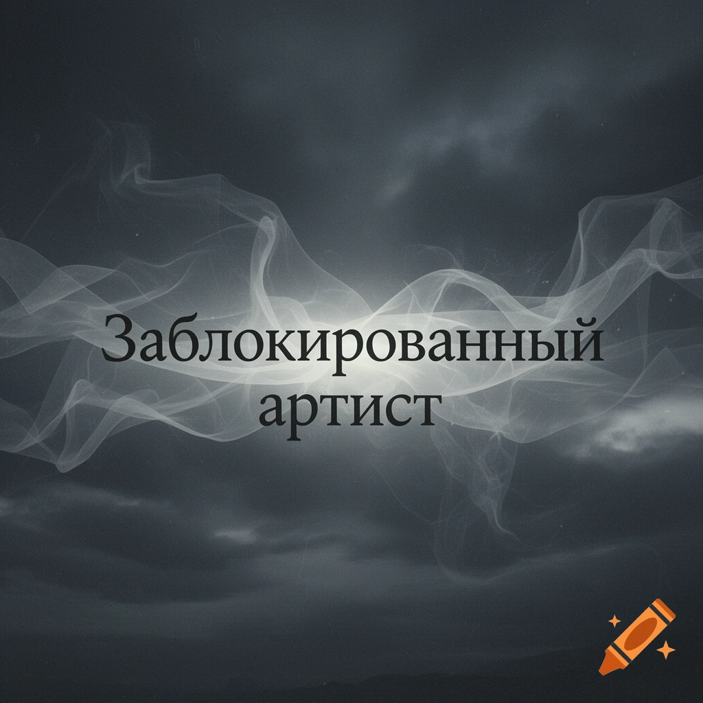 Russian text 'Заблокированный артист' (Blocked Artist) in a gloomy font on a dark, smoky, ethereal background.
