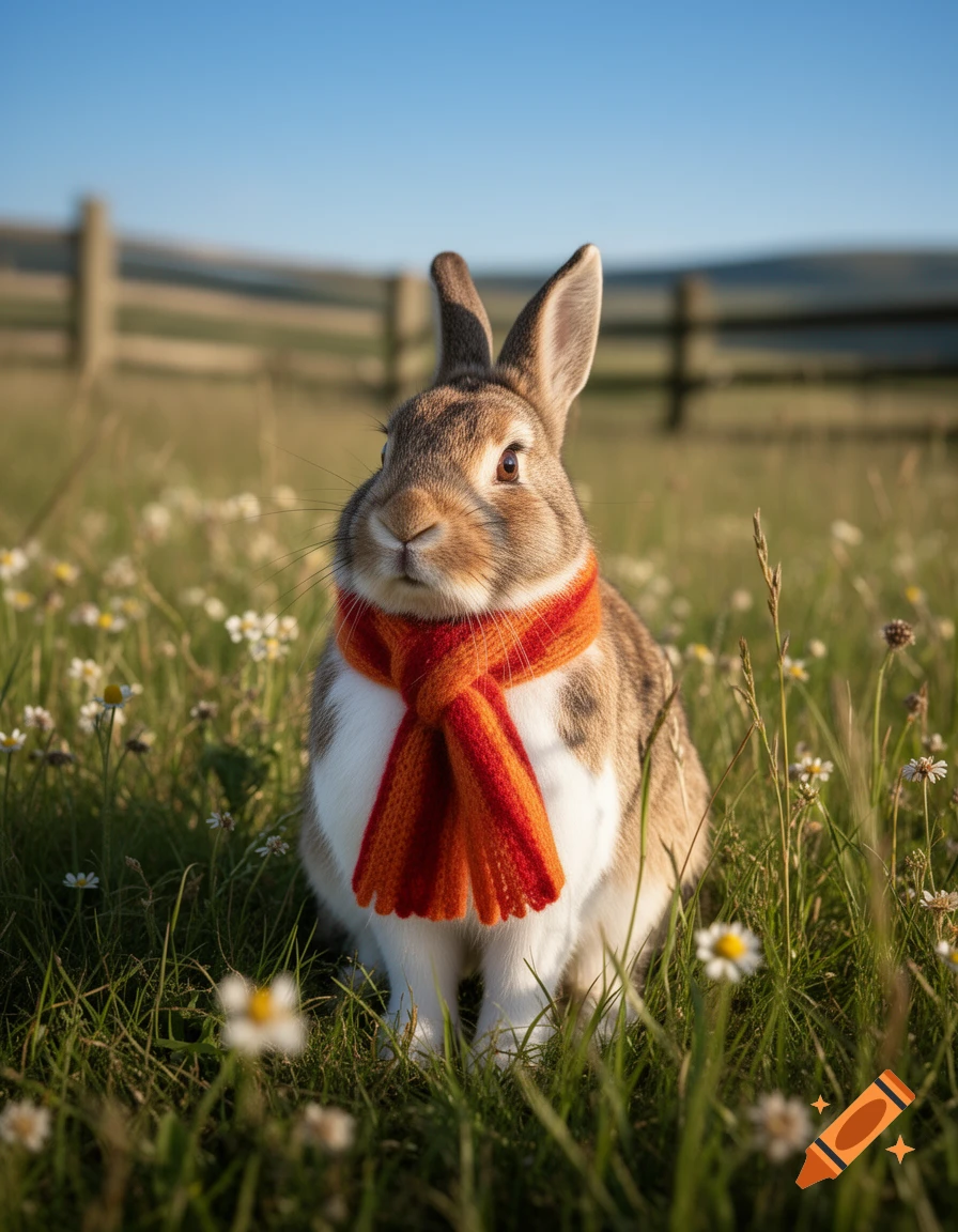 A photorealistic rabbit wearing a reddish-orange scarf sits in a field of green grass and white flowers under a clear blue sky.
