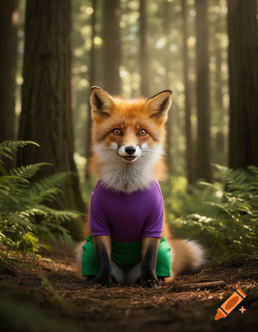 A cute fox with big eyes sits in a forest clearing, wearing a purple shirt and green shorts.