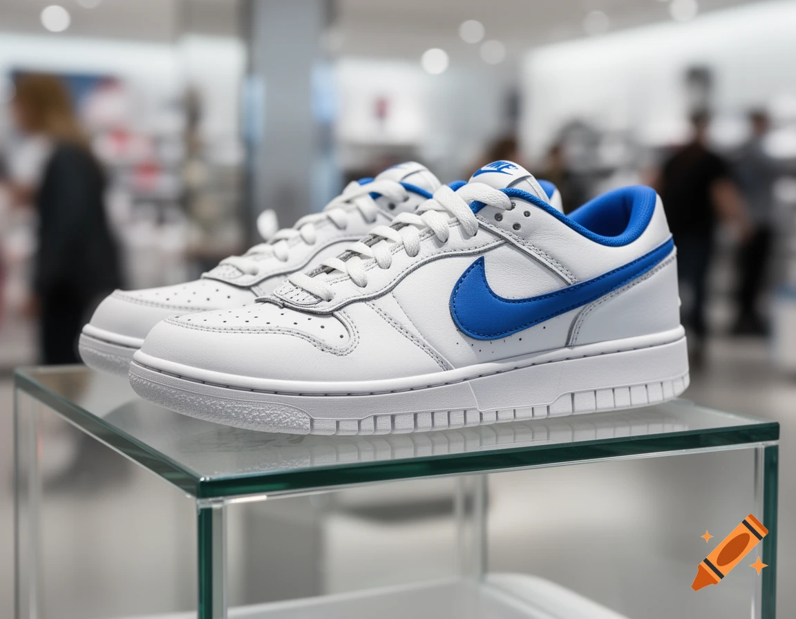 White Nike sneakers with blue swooshes displayed on a glass stand in a brightly lit store, photorealistic.