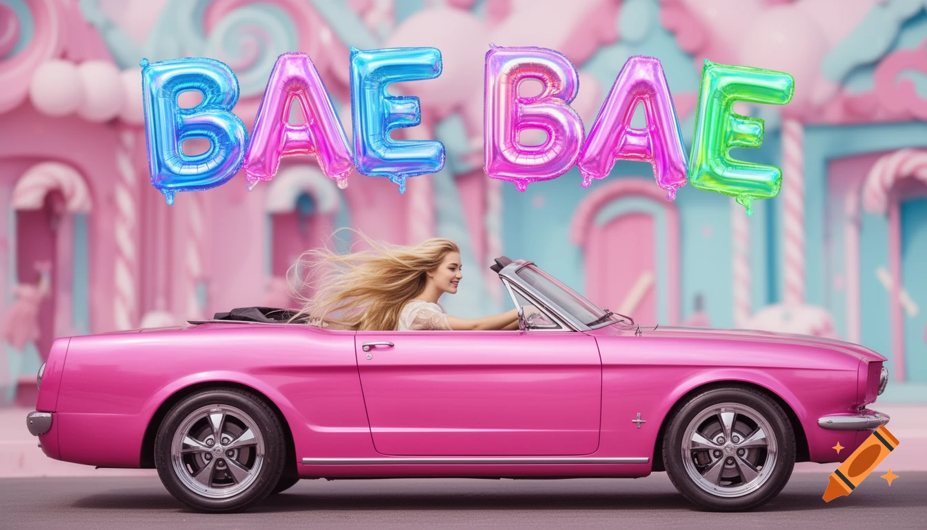 A blonde woman with flowing hair drives a pink convertible car. Above her, colorful balloons spell BAE BAE against a pink candy-themed background.