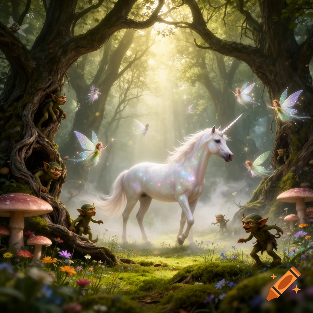 A white unicorn stands in an enchanted forest clearing surrounded by flying fairies and small goblins, bathed in ethereal light.
