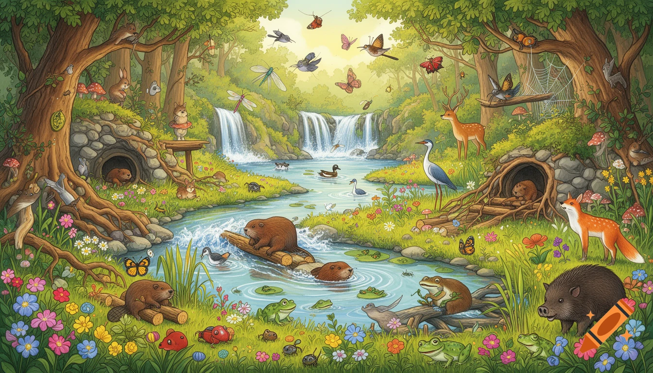 A vibrant, detailed children's book illustration of a forest Wimmelbild with a river, waterfalls, and many animals.
