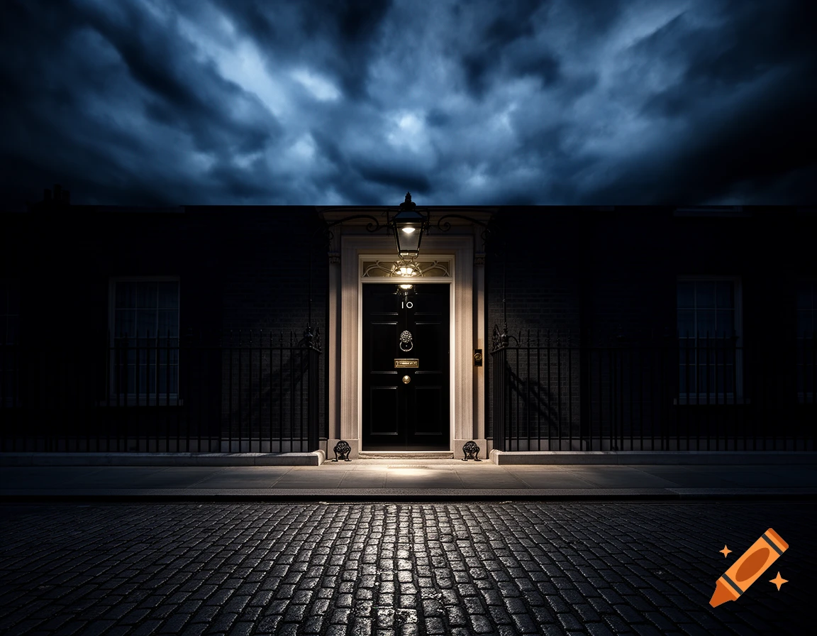 Photorealistic image of 10 Downing Street entrance at night, illuminated by a spotlight under a dramatic, cloudy sky.