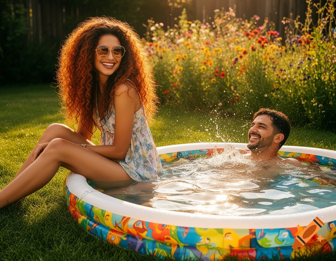 Smiling woman with curly hair and sunglasses sits by colorful inflatable pool as man splashes in sunny backyard.