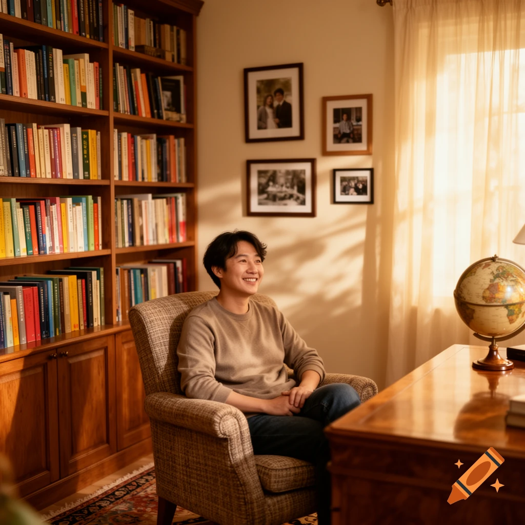 A man in a brown sweater and jeans sits smiling in an armchair in a sunlit study with a large wooden bookshelf, a desk, and a globe.