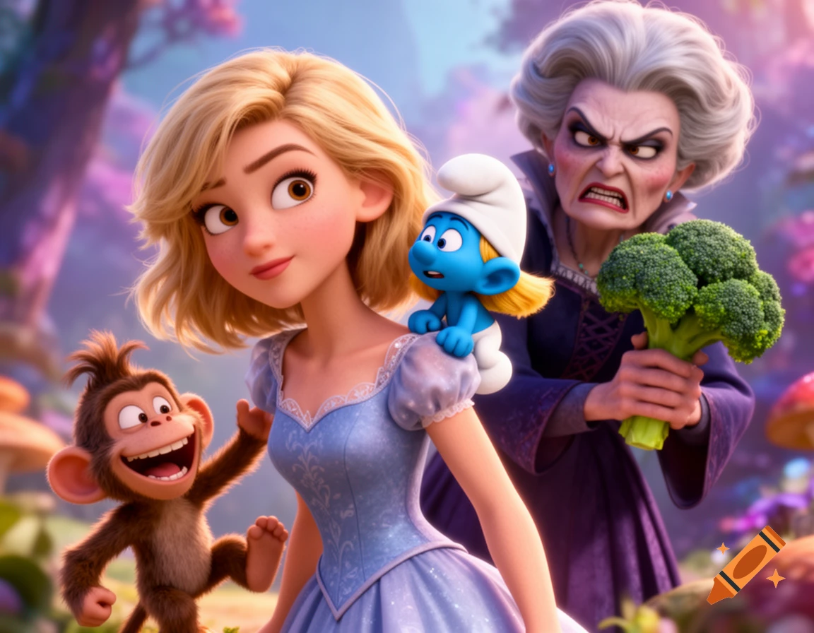 3D Pixar style digital art of a blonde princess with a Smurfette on her shoulder and a monkey, while an angry old woman holds broccoli.