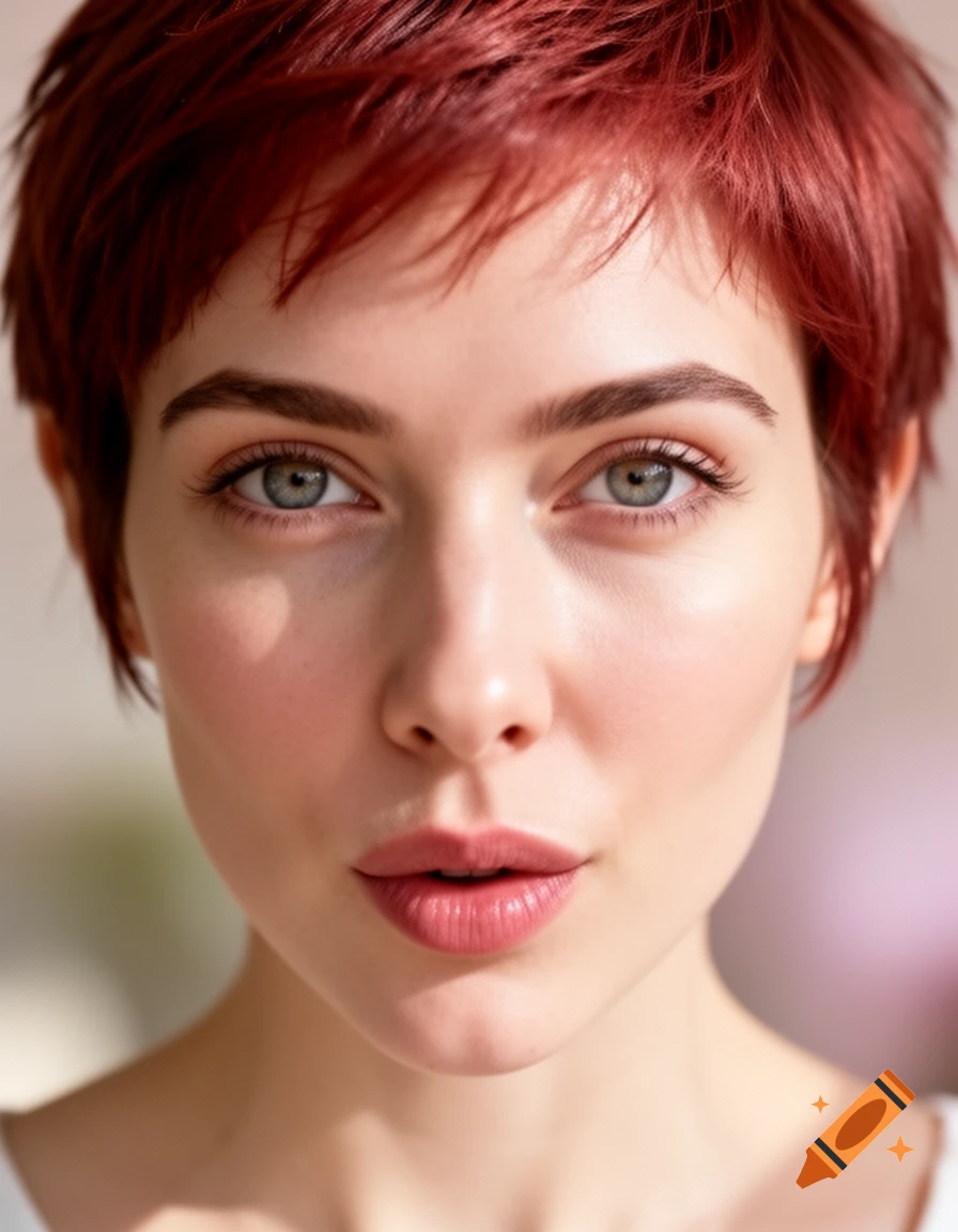 Close-up, photorealistic portrait of a young woman with short red hair, green eyes, and slightly parted lips.