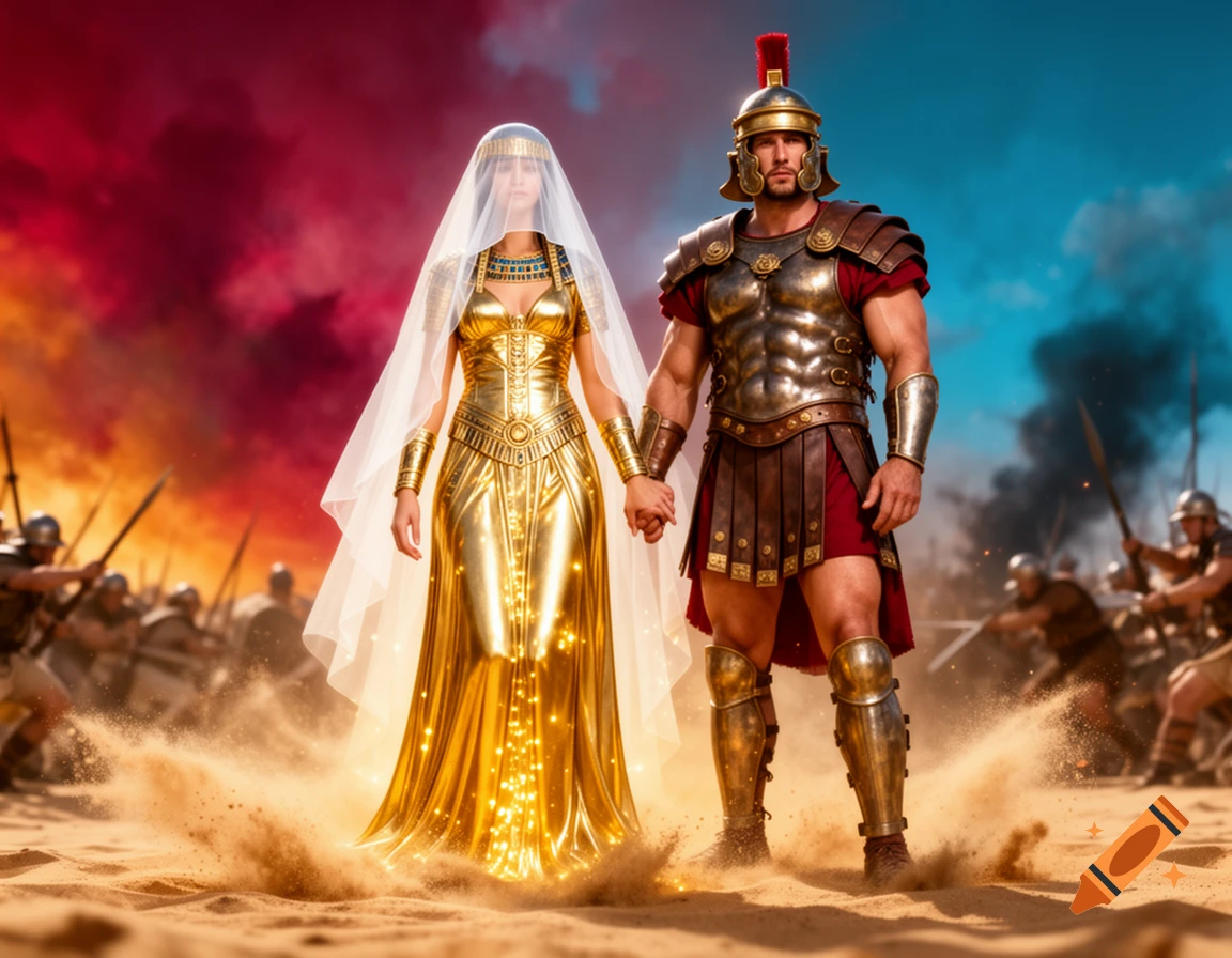 An Egyptian goddess in gold and veil holding hands with a Roman gladiator on a desert battlefield under a colorful sky.