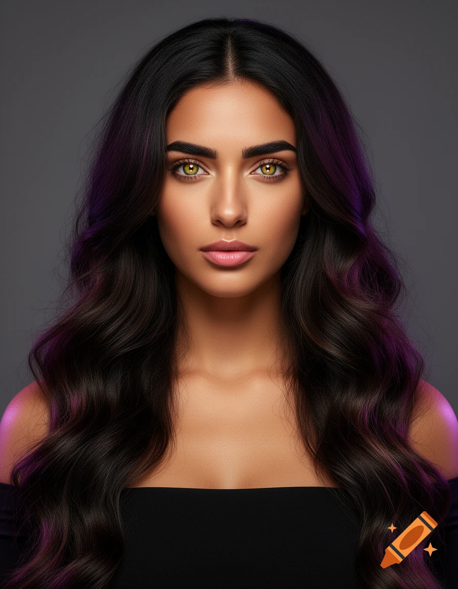 Photorealistic studio portrait of a woman with long wavy dark hair, striking hazel-green eyes, and a confident expression, wearing a black off-shoulder top.