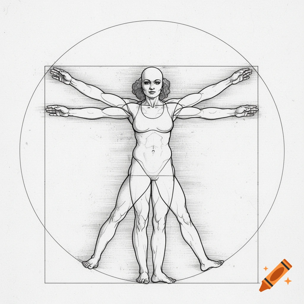 A black and white line drawing depicting a female version of the Vitruvian Man, with multiple arms and legs within a circle and square.