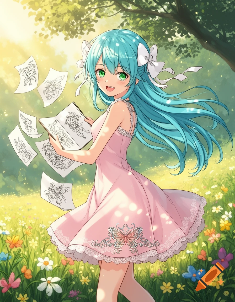 An anime girl with teal hair and a pink dress smiles while holding a sketchbook in a sunny flower field, with drawings floating around her.
