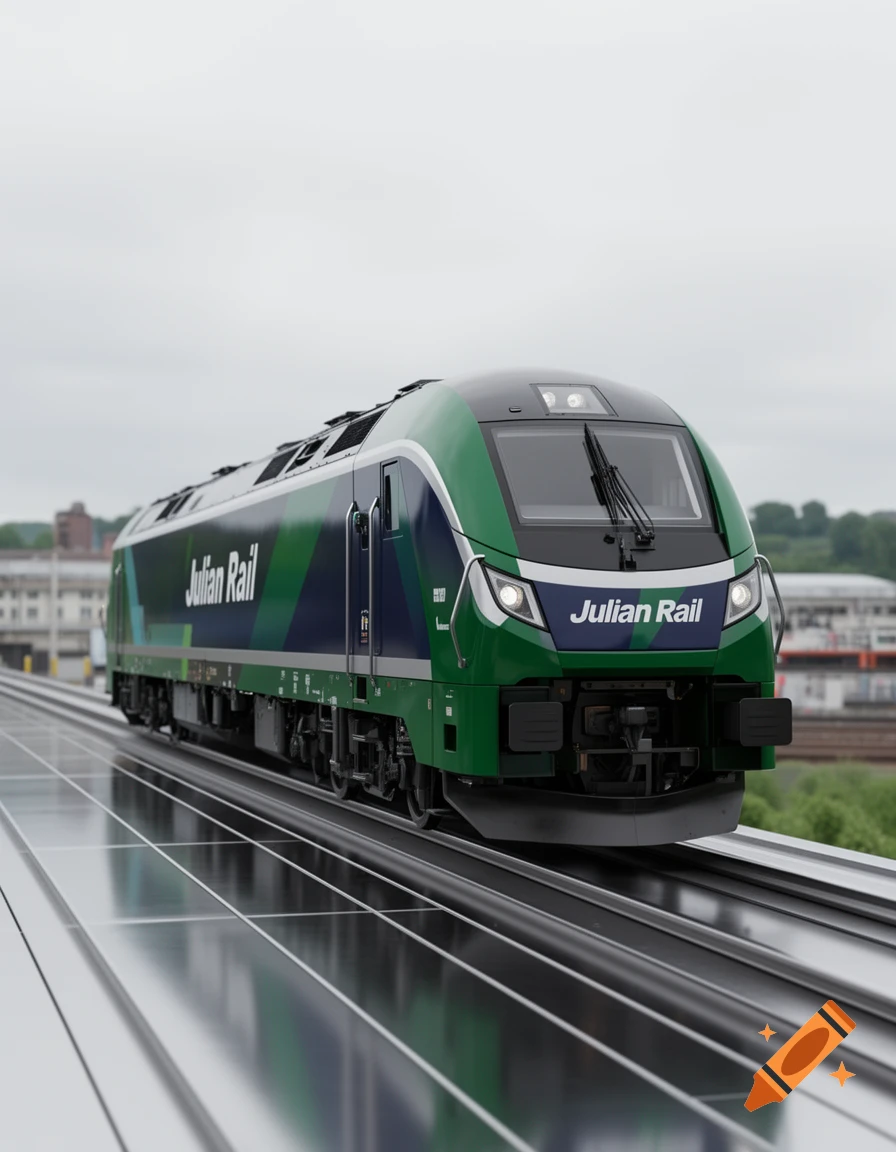 A photorealistic image of a green and blue modern train with 'Julian Rail' branding on a metallic track-like surface under a cloudy sky.