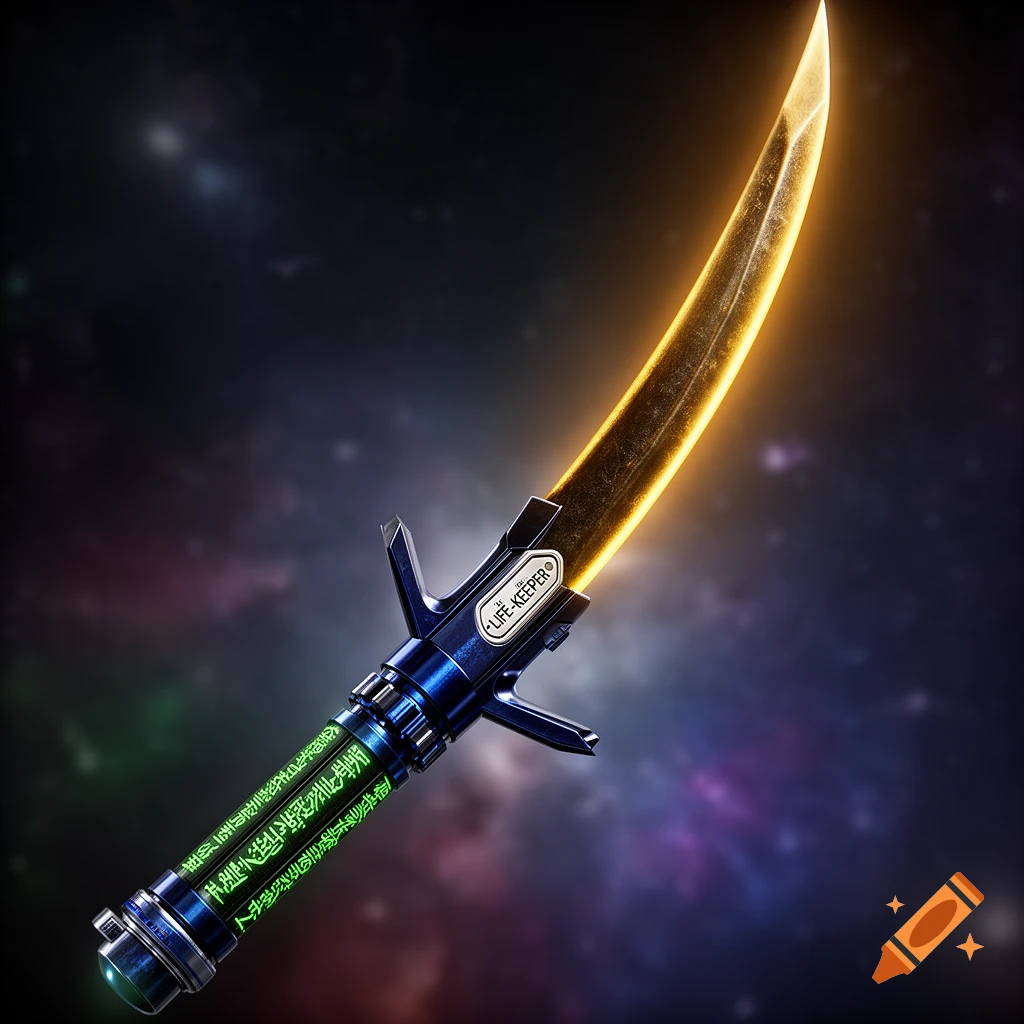 A futuristic scimitar-like lightsaber with a glowing golden blade, a dark blue handle, and green glowing inscriptions, against a starry space background.