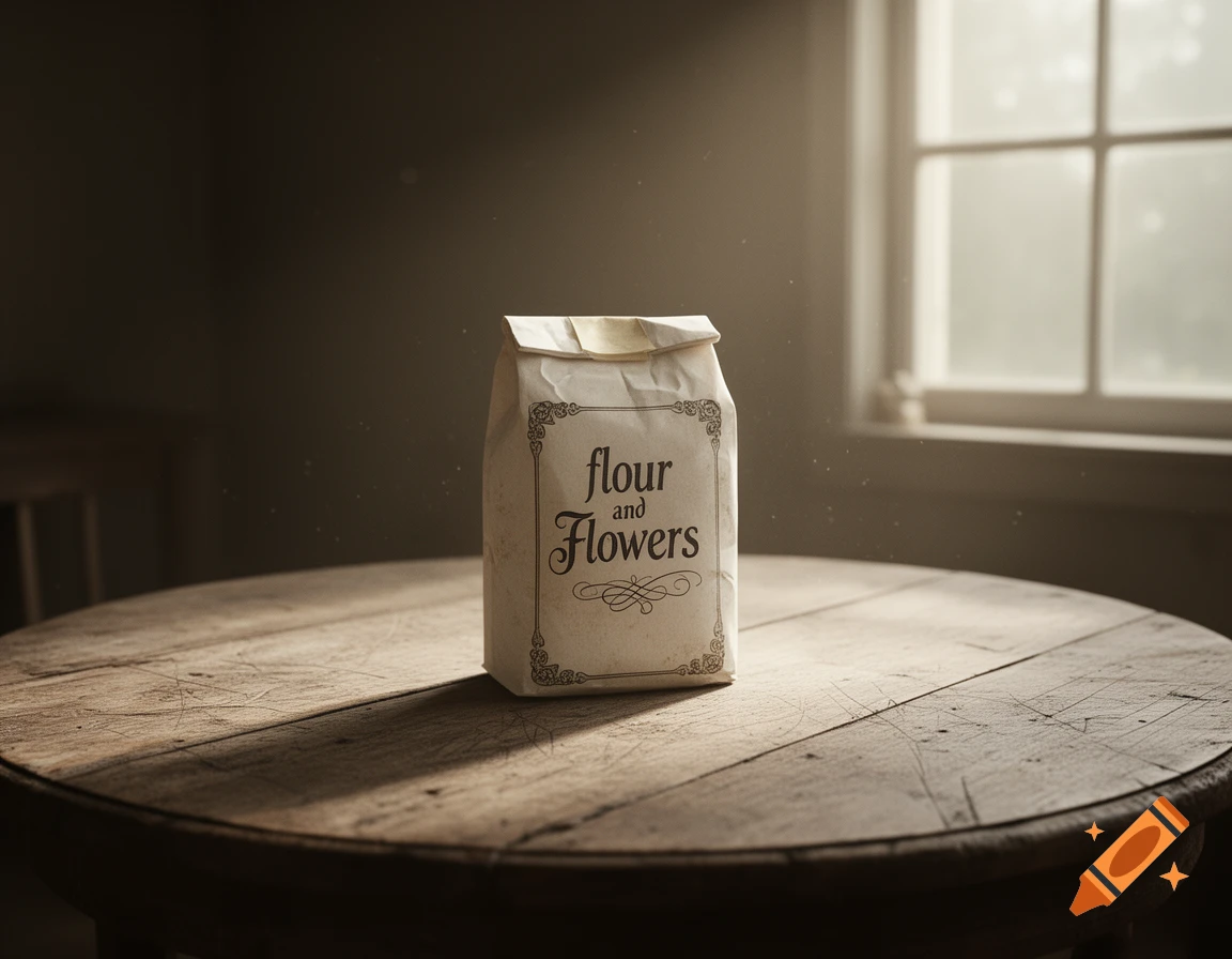 An old-fashioned bag labeled "flour and Flowers" sits on a round wooden table, illuminated by light from a window in a realistic, vintage style.