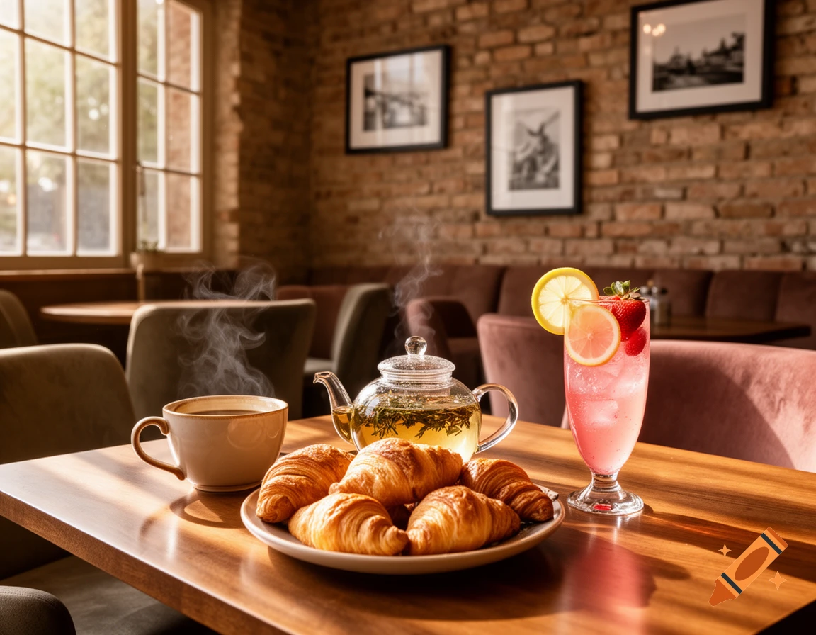 A cozy cafe table features a steaming cup of coffee, a glass teapot, a plate of croissants, and a tall pink strawberry lemonade.