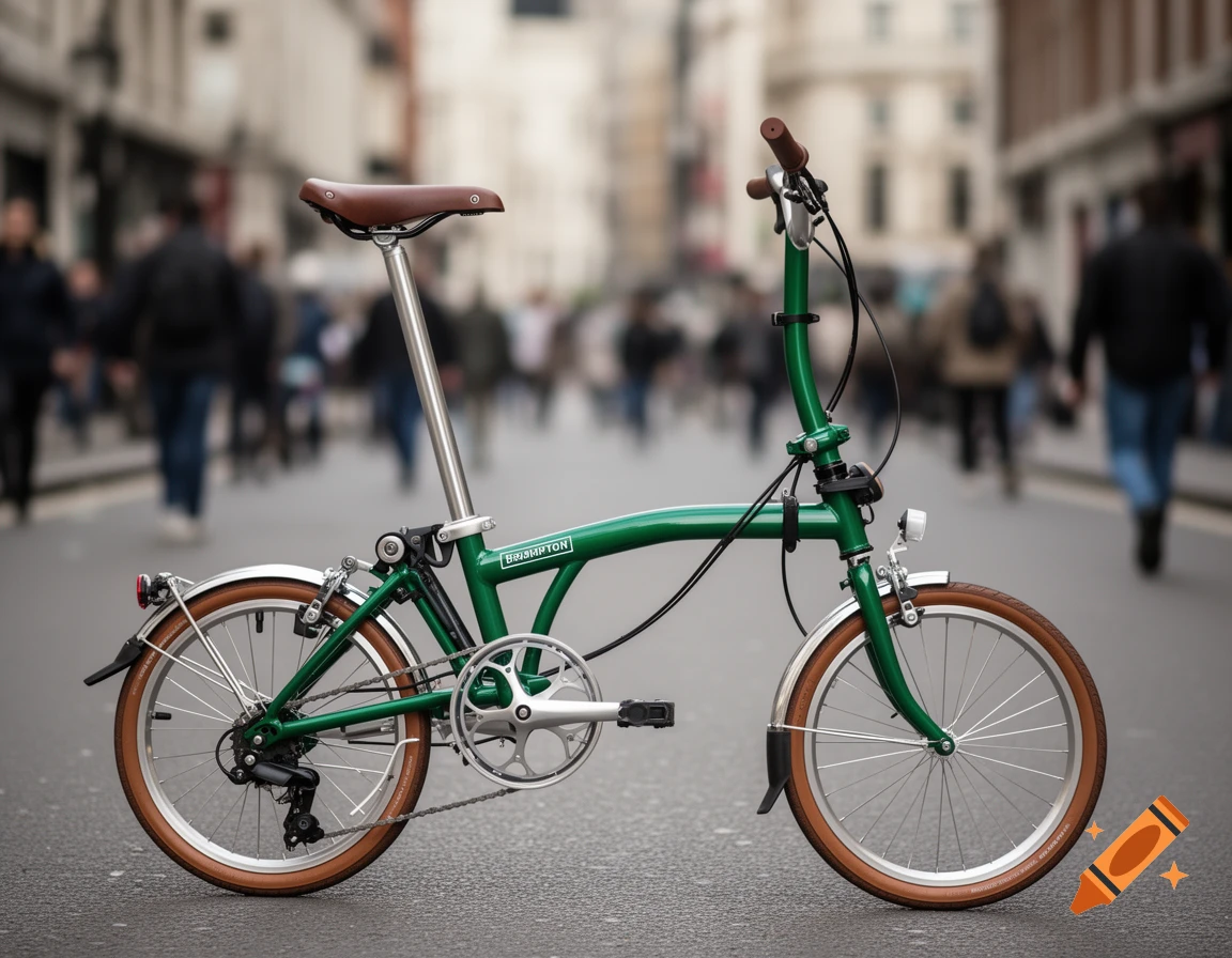 A green Brompton folding bicycle with brown saddle and tires stands on a city street, with blurred pedestrians in the background.