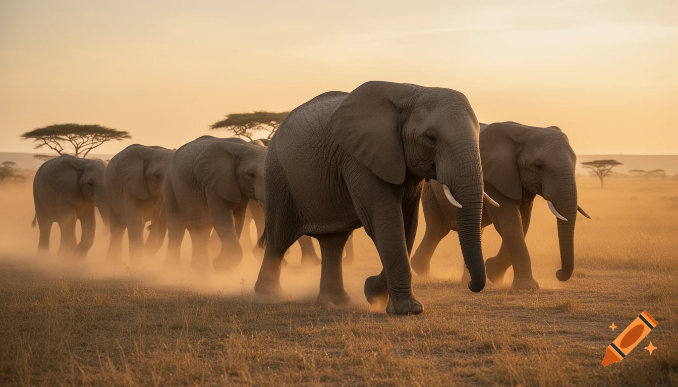 A herd of elephants walking through a dusty savanna at sunset, backlit by golden light.