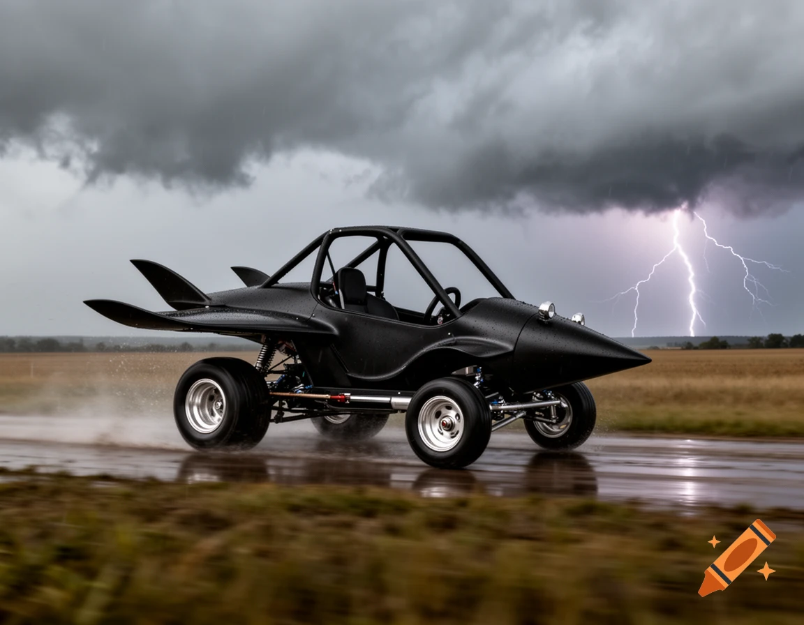 A black, jet-like go-kart, designed as a storm chaser, drives on a wet road in a stormy field with lightning.