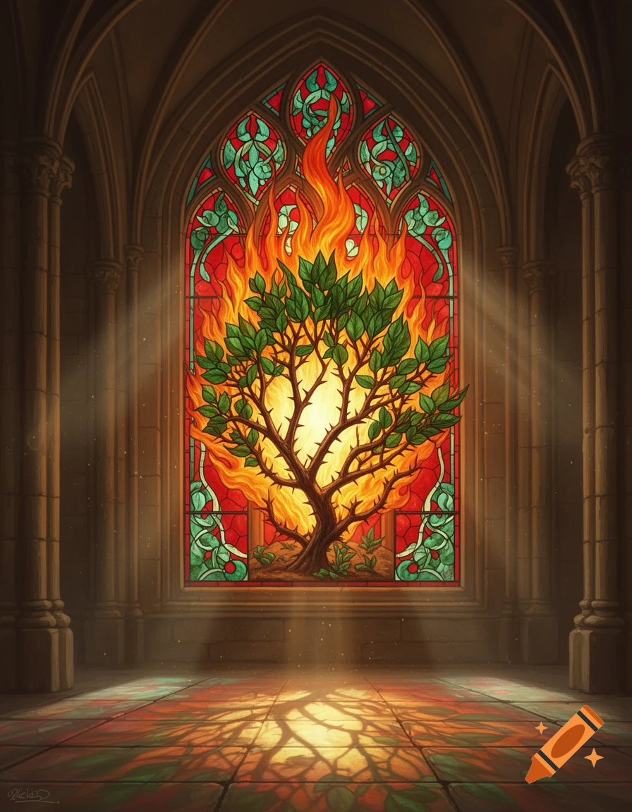 A vibrant stained-glass window in a cathedral depicts a green-leaved thorny bush engulfed in orange and golden flames.